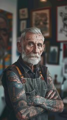 Wall Mural - Portrait of a old man tattoo artist at studio tattoo