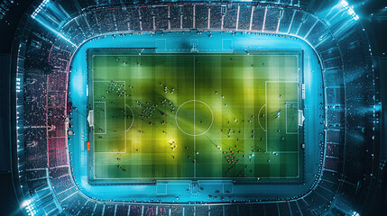 An aerial view of the illuminated football field