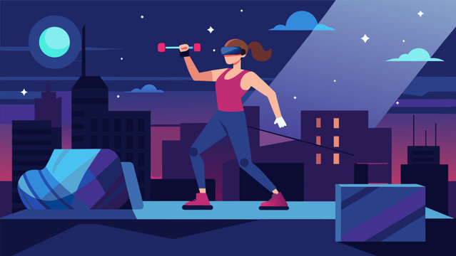 On a rooftop a person follows a virtual reality personal trainer through a nighttime strength and conditioning workout using their own body weight and. Vector illustration