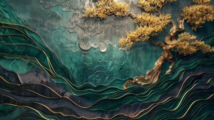 Wall Mural - 3D mural artwork featuring a dark green and purple night, complemented by flowing gold wave designs and a towering, illuminated golden tree