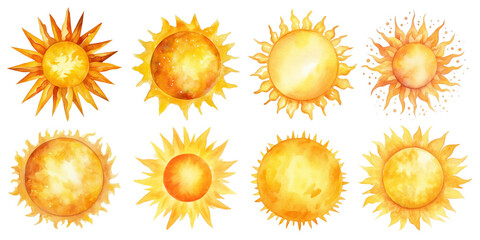 Wall Mural - watercolor sun illustration png element set on transparent background