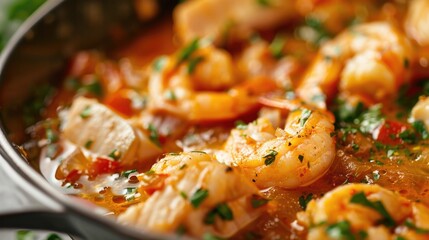 Wall Mural - Moqueca fish and shrimp, a traditional dish of Brazilian cuisine. Stewed fish with shrimps. Close up. Macro