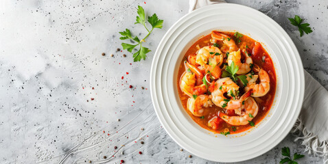 Wall Mural - Moqueca fish and shrimp, a traditional dish of Brazilian cuisine. Stewed fish with shrimps, cooked in a delicious rich and aromatic broth. On a light background.