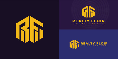 Abstract initial hexagon letter RF or FR logo in yellow color isolated on multiple background colors. The logo is suitable for residential construction company logo design inspiration templates.
