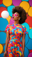 Wall Mural - Pop art fashion photoshoot. Beautiful african american  model, elaborate outfit, makeup and glasses. Vertical banner, tiktok or instagram story	