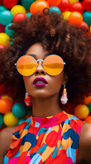 Wall Mural - Pop art fashion photoshoot. Beautiful afroamerican model, elaborate outfit, makeup and glasses. Vertical banner, tiktok or instagram story	