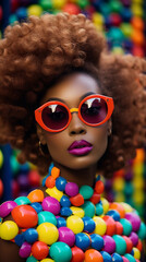 Wall Mural - Pop art fashion photoshoot. Beautiful afroamerican model, elaborate outfit, makeup and glasses. Vertical banner, tiktok or instagram story	