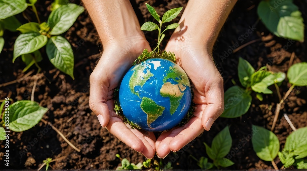 Hands Holding Earth Globe with Green Plants Stock Illustration | Adobe ...