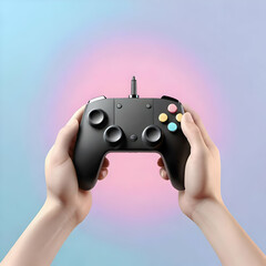 3d render hands holding joystick isolated on pastel background