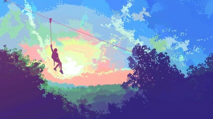  zip lining, gusty wind, pixel art, sunny, portrait photography