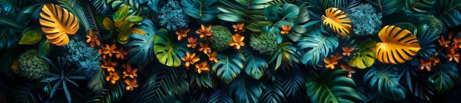 The lush green foliage serves as a perfect backdrop for the vibrant tropical flowers, their hues standing out like vivid splashes of color on a verdant canvas, highlighting the beauty of nature's.