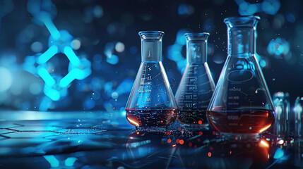 Chemical laboratory glassware on dark blue background, science background