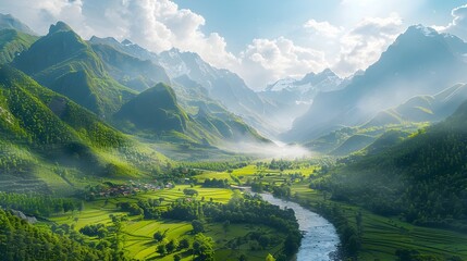 Poster - Verdant Mountain Valley Featuring Quaint Village and Flowing River Amid Towering Peaks and Lush Greenery