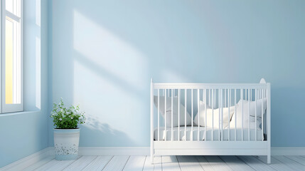 A serene minimalist baby nursery featuring a white crib, soft blue walls, and a potted plant, bathed in natural light from a large window. mockup