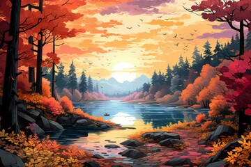 Wall Mural - Autumn lakes - Generative AI