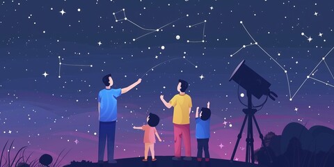 a family is looking at the stars in the night sky.