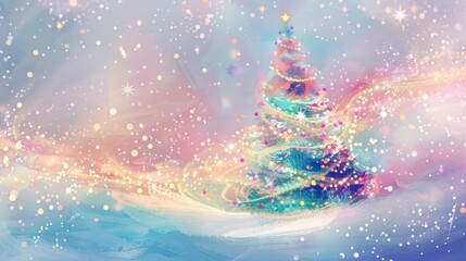 Wall Mural - Charming Christmas tree card with abstract pastel colors and stars, greeting card, Christmas, New Year, celebration of holidays, 4k HD wallpaper, background, generated by AI.