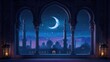 © Achmad Khoeron - A windows depicts an islamic mosque at night with moon and lentern. In style of islamic city. Arched doorways. Eid al fitr background of window. Ramadan kareem eid mubarak islamic lantern on a table