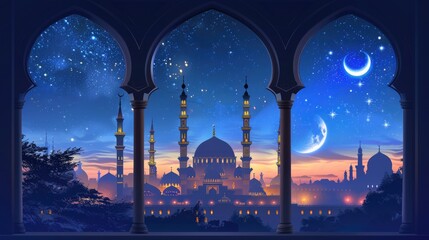 Wall Mural - A windows depicts an islamic mosque at night with moon and lentern. In style of islamic city. Arched doorways. Eid al fitr background of window. Ramadan kareem eid mubarak islamic lantern on a table