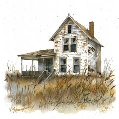 Watercolor painting of a dusty, abandoned farmhouse surrounded by overgrown fields and memories of a once-thriving life, on isolated white backgroun, Generative AI