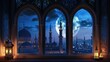 © Achmad Khoeron - A windows depicts an islamic mosque at night with moon and lentern. In style of islamic city. Arched doorways. Eid al fitr background of window. Ramadan kareem eid mubarak islamic lantern on a table