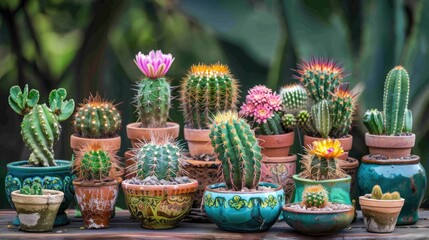 Poster - Collection of cacti in pots for an outdoor garden display