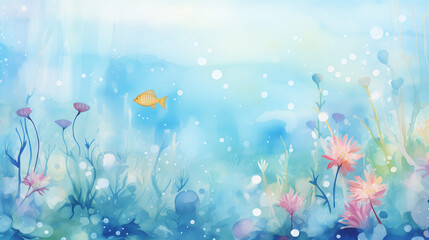 underwater marine watercolor background with fish and bubbles