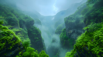 Wall Mural - A vibrant nature ravine landscape with lush vegetation growing on the cliff sides
