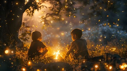 Wall Mural - Enchanting Campfire under the Starry Night Sky with Glowing Fireflies Magical Outdoor Adventure for Children