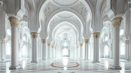 interior of a beautiful islamic mosque with ornate archway.
