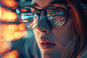 Wall Mural - Women in glasses reading html scripts, programming and cyber security research, plus data analytics and holograms of data. A coding or IT person in glasses is reading html scripts, programming