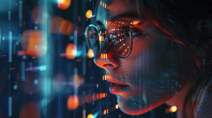 Wall Mural - Women in glasses reading html scripts, programming and cyber security research, plus data analytics and holograms of data. A coding or IT person in glasses is reading html scripts, programming