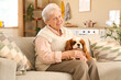 © Pixel-Shot - Senior woman with cute cavalier King Charles spaniel dog sitting on sofa at home