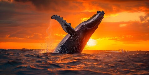 Wall Mural - Majestic Humpback Whale Breaching the Ocean Surface at Dramatic Sunset