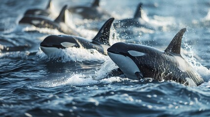 Wall Mural - Powerful Orca Pod Hunting in the Dramatic Open Ocean Seascape