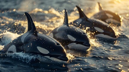 Wall Mural - Powerful Pod of Orcas Hunting in Sunlit Ocean Waves