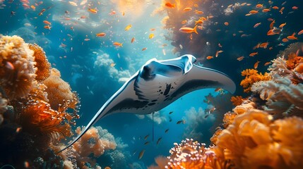 Wall Mural - Graceful Manta Ray Gliding Over Vibrant Coral Reef in Serene Underwater Seascape