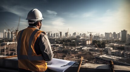 young engineer, clipboard in hand, scribbling notes as he surveys the progress of a construction project from a rooftop vantage point, the cityscape stretching out behind him.