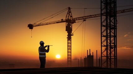 engineer, silhouetted against a dramatic sunset, standing on a rooftop amidst a maze of cranes and scaffolding, the city lights twinkling below like a sea of stars.