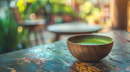 Wall Mural - Matcha green tea in a wooden bowl on a table