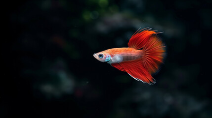 Wall Mural - Orange guppy fish swimming alone in an aquarium on a dark black background, Ai generated Images