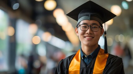 Poster - A young man in graduation gown and glasses.