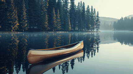 Wall Mural - A canoe gliding peacefully across a calm lake, surrounded by towering pine trees reflected in the water.