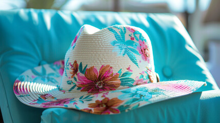Wall Mural - A chic sunhat with a floral pattern lying on a beach chair.
