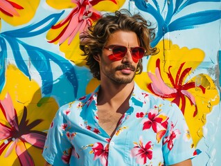 Wall Mural - A man in a floral shirt and sunglasses standing against a wall.