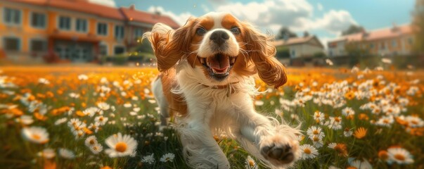 Happy dog running through a sunny field of daisies with a joyful expression, houses in the background, bright blue sky, and fluffy white clouds.