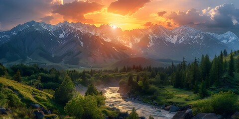 Wall Mural - Captivating Sunset Over Rugged Mountain Ranges with Flowing River in Serene Valley Landscape