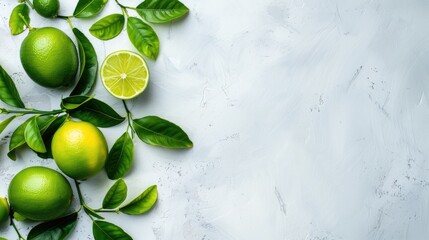 Wall Mural - Fresh ripe limes and green leaves on light table from above with room for text