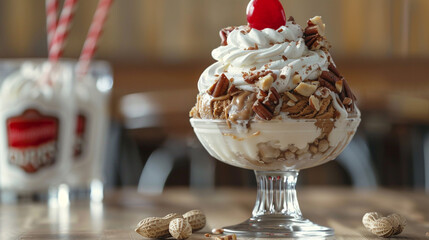 Wall Mural - A decadent sundae with whipped cream, nuts, and a cherry on top.