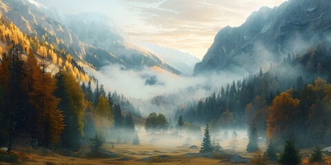 Poster - Serene Mountain Valley Shrouded in Ethereal Autumn Fog with Golden Light at Dawn